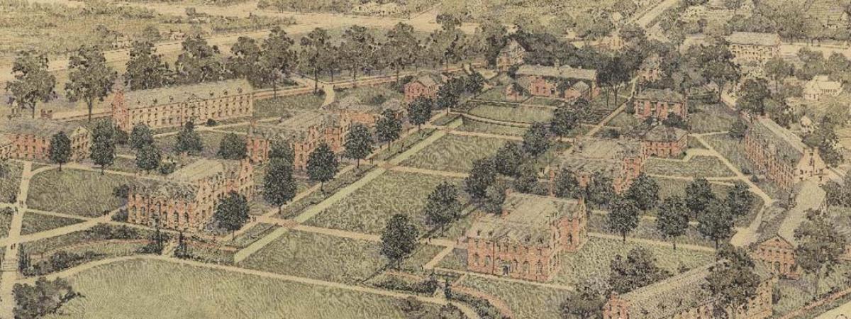 Aerial illustration of old campus with trees lining the sunken gardens.