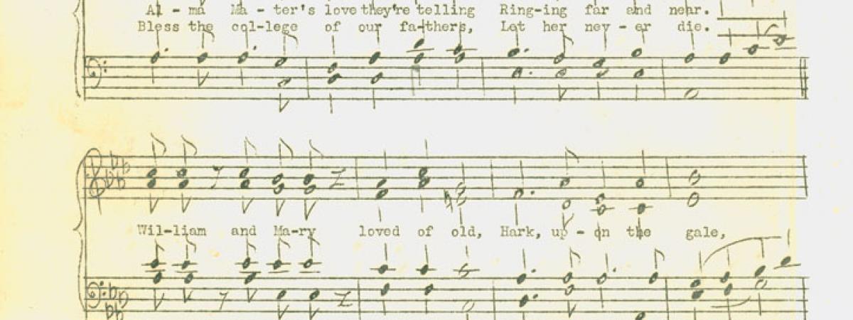 Sheet music showing the notes and words for the alma mater