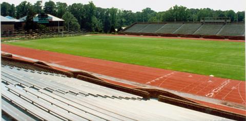 View of track and football field of Zable Stadium from the top of the bleachers