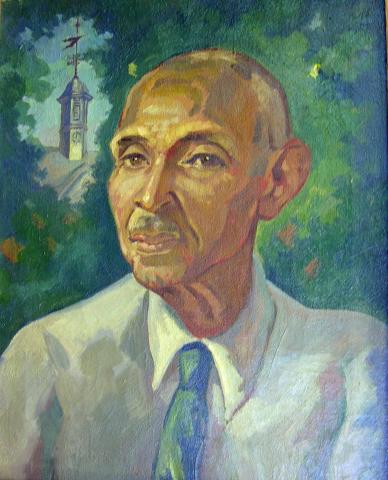 HenryBillupsPortrait Painted portrait of Billups in a light colored suit with trees and the Wren Buliding cupola