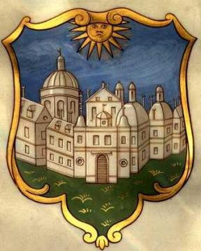 William & Mary coat of arms featuring the Wren building with a gold border and sun.