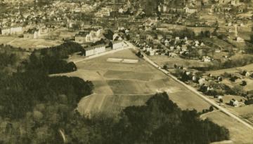 Aerial view of old campus with Barret Hall and Chandler Hall visible