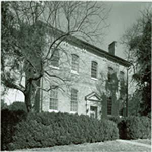 Black and white of two story brick building