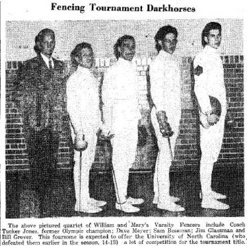 Four fencers and their coach standing in a line in fencing gear